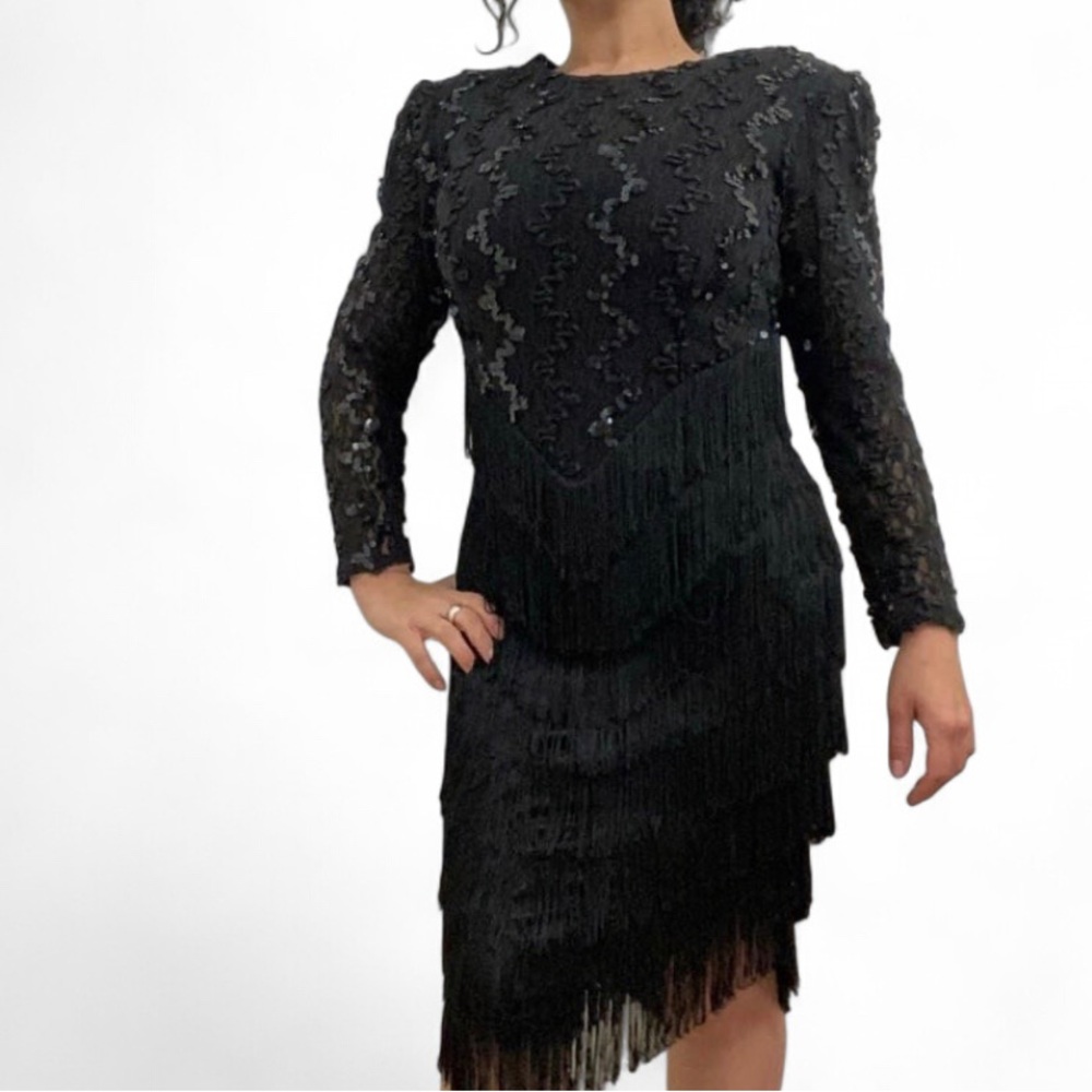Dave & Johnny Vintage Women’s S Black Sequin Lace Fringe Long Sleeve Dress